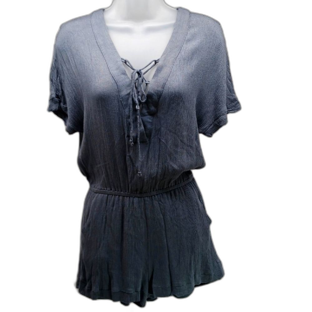 C.Luce Short Romper Back Zip Vneck Tie. Lined Rayon Blend Women's Medium Grey.